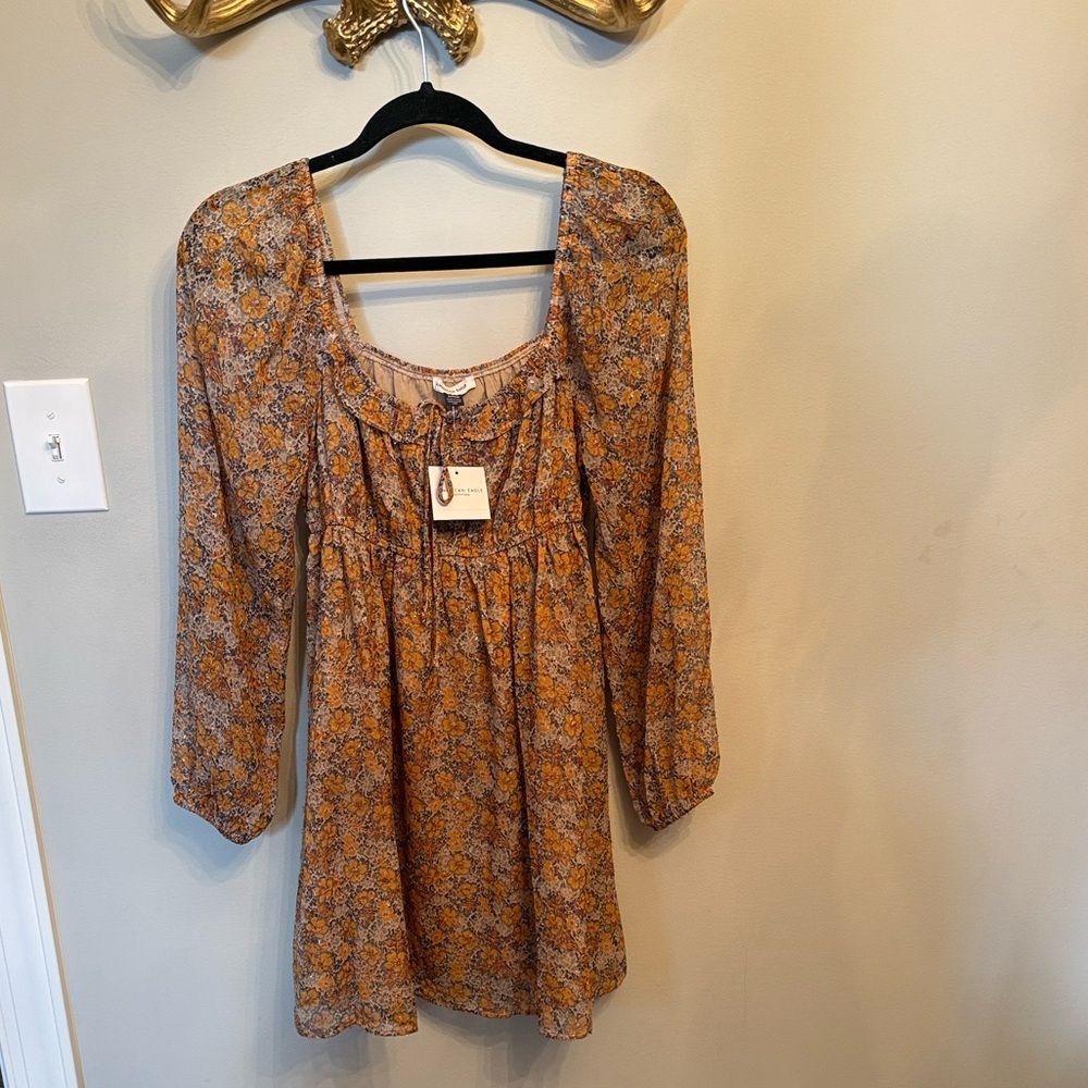 American Eagle Outfitters Mustard Yellow Taupe Floral Peasant Dress